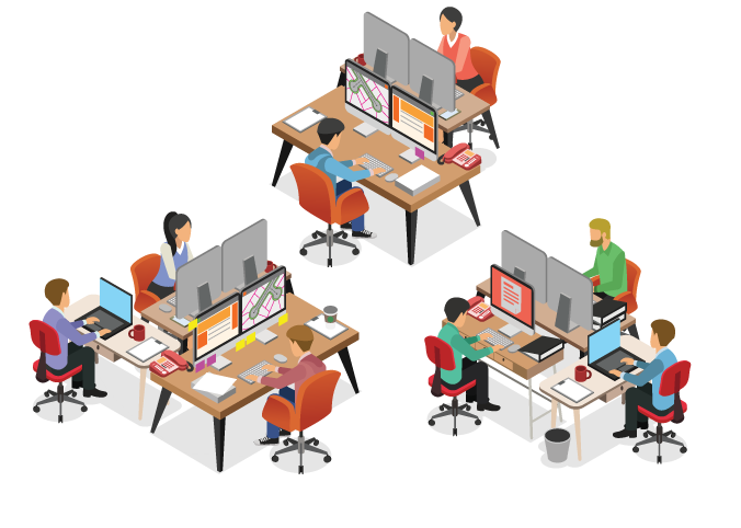 Illustration showing workers sharing work in a workflow