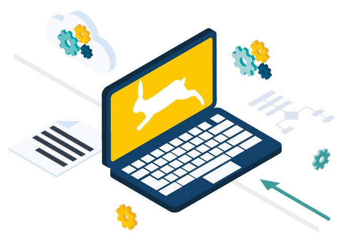 Laptop illustration with running rabbit icon