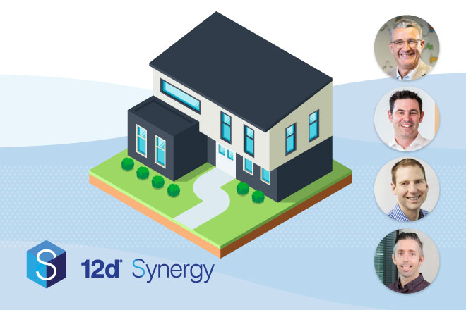 Isometric house and four presenter portraits