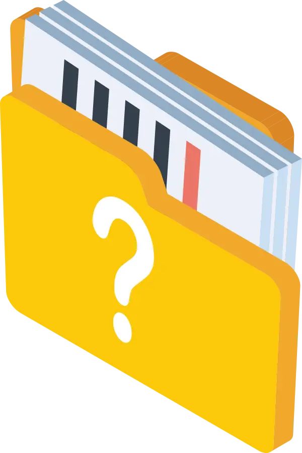 Yellow folder icons with documents inside and a question mark on the front