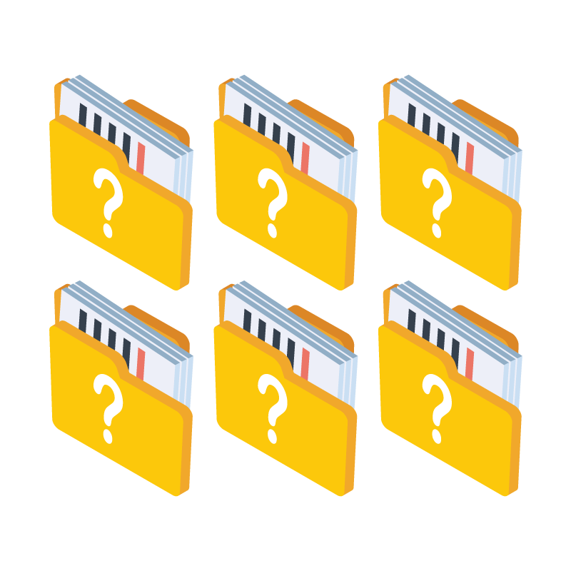 6 identical yellow document folders with question marks on them
