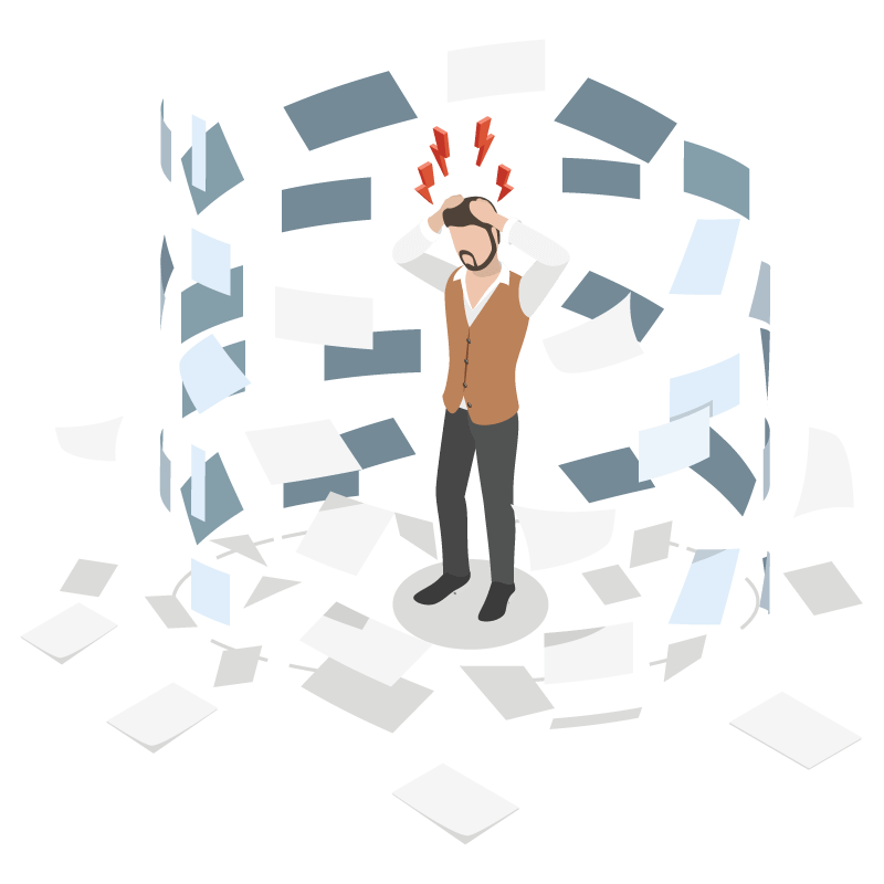 Man surrounded by flying documents while holding his head