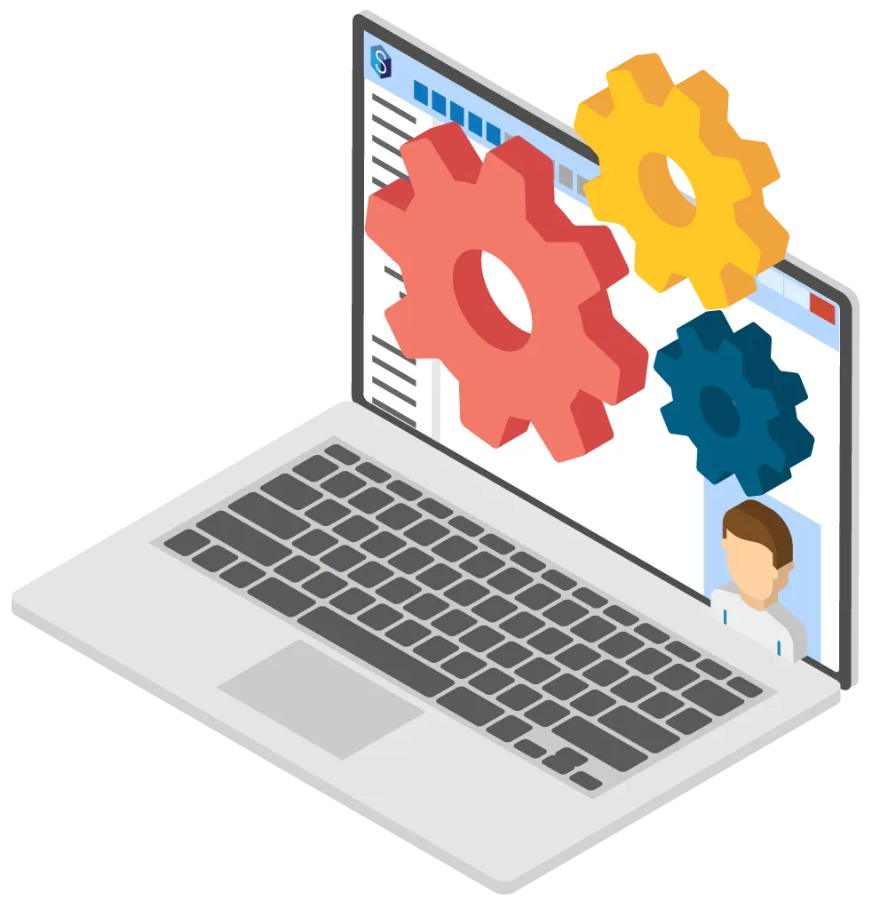 Laptop icon with cogs and presenter