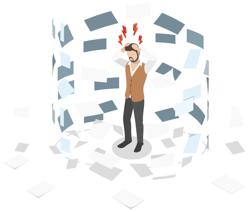Graphic of a man surrounded by a tornado of files