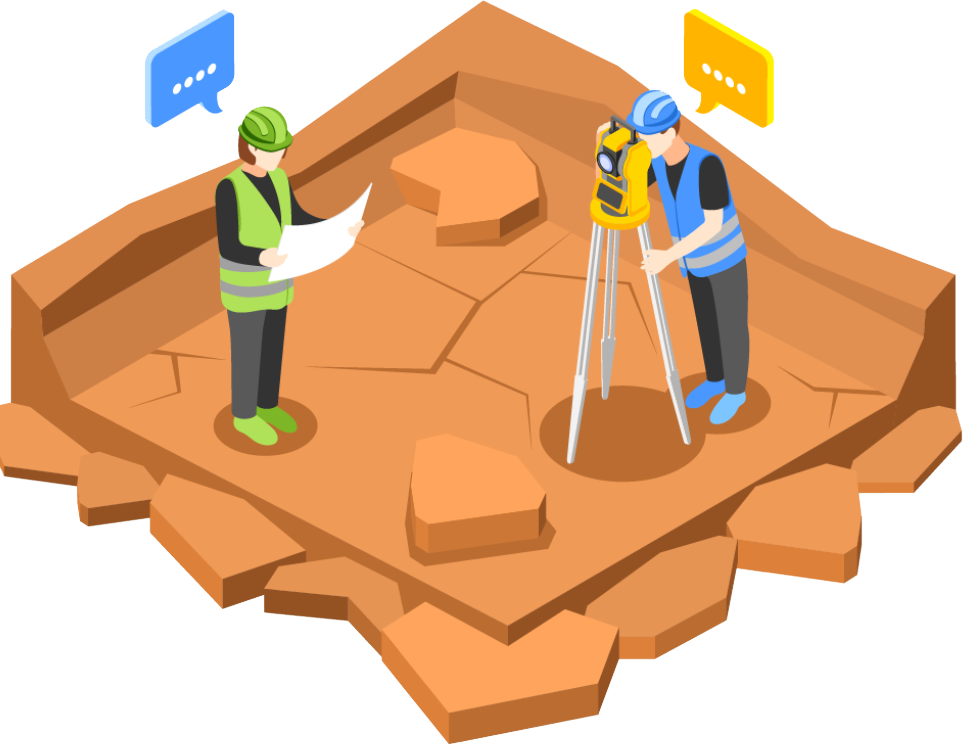 Illustration of land surveyors with equipment, mapping out land.