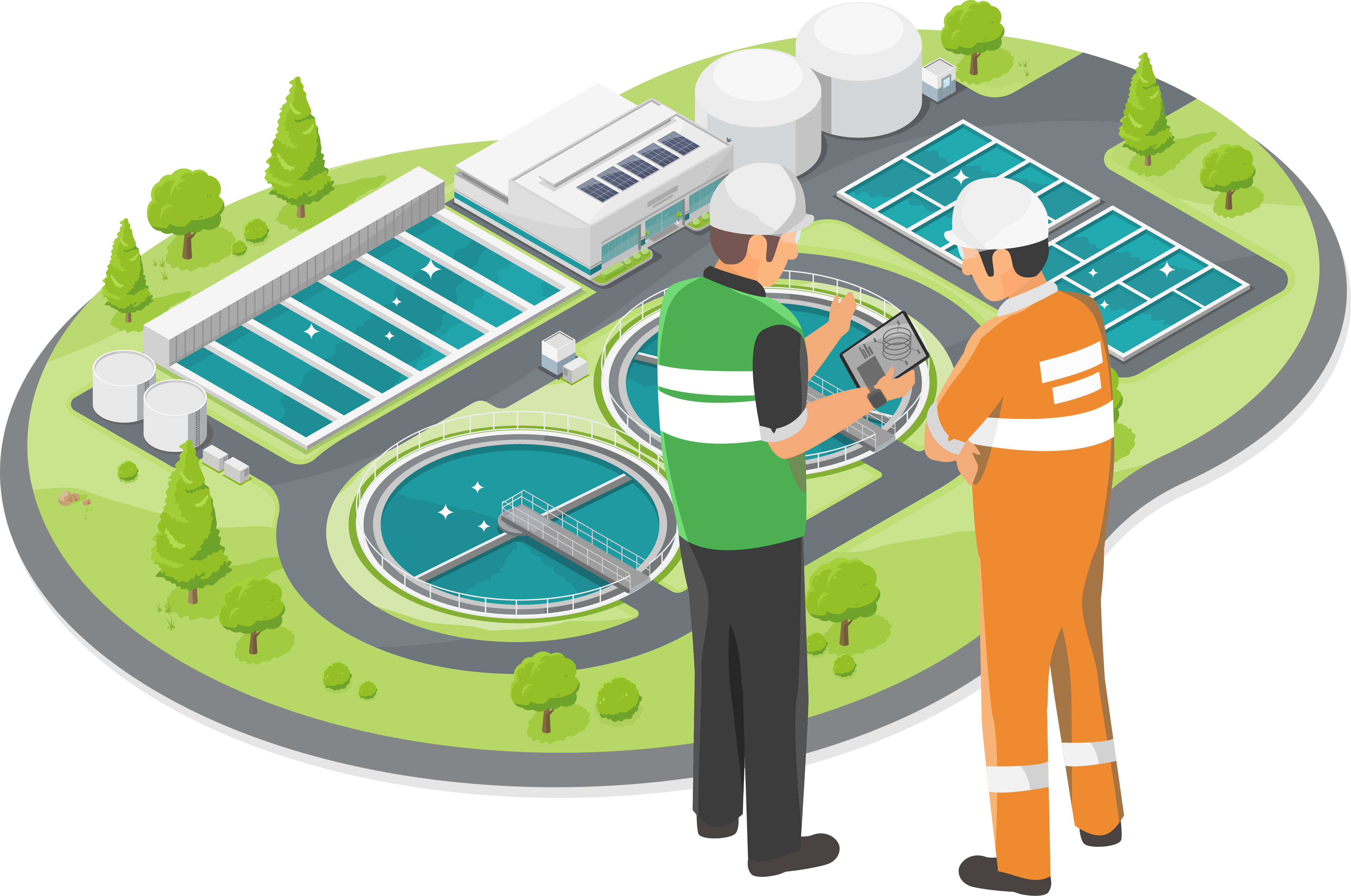Landing Page hero image Illustration of land surveyors with equipment, mapping out land.